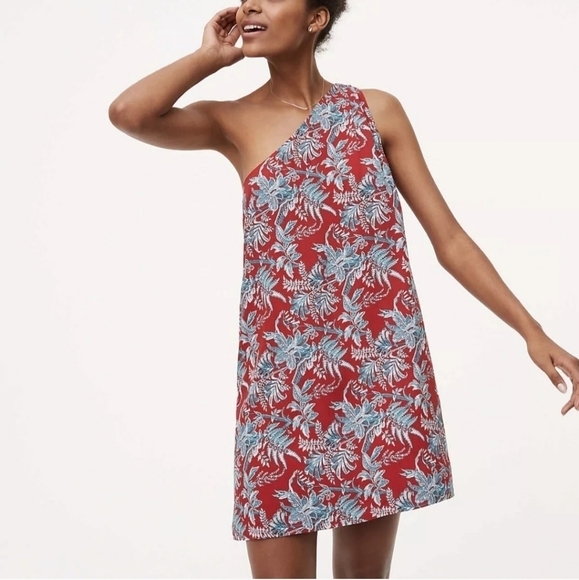 LOFT Ann Taylor Red & Teal Iris One Shoulder Shift Dress Size Small - Picture 1 of 9